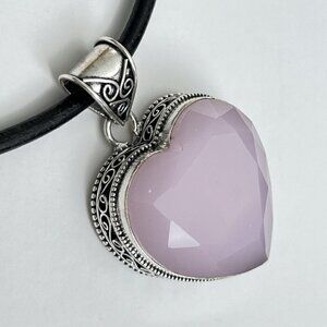 925 Sterling Silver Rose Quartz Heart Leather Necklace Pendant Gemstone Jewelry